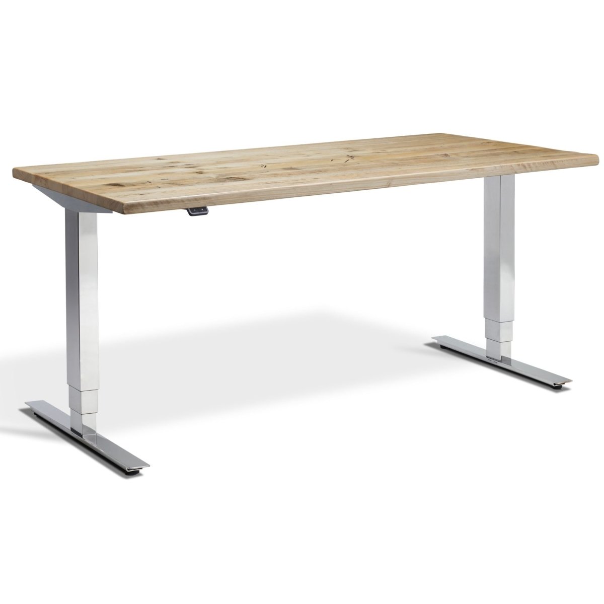 Reclaimed wood standing desk on Kroma polished chrome frame