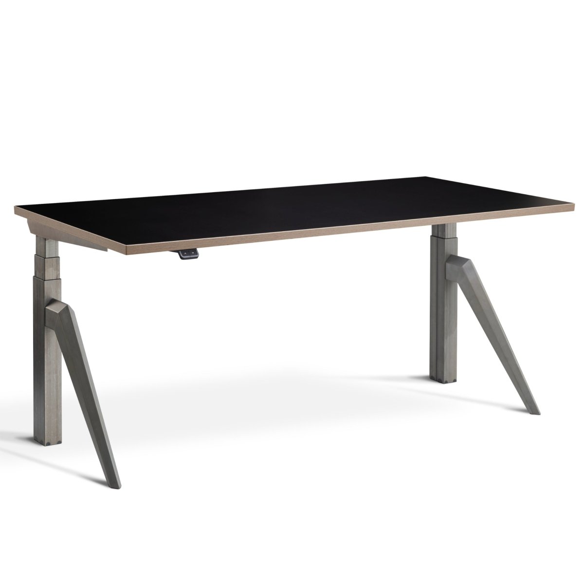 Designer Standing Desk with Raw Steel  Frame and Black Ply Edge Desk Top, front view