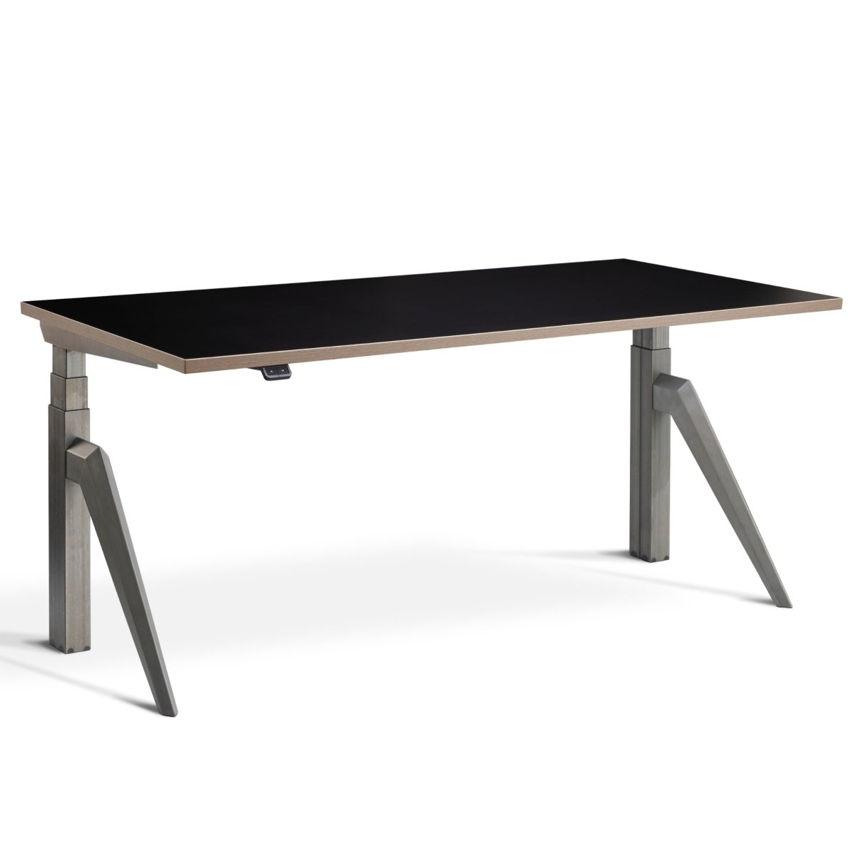 Aredke designer sit stand desk with raw steel frame and black ply edge top front right view