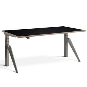 Designer Standing Desk with Raw Steel  Frame and Black Ply Edge Desk Top, front view