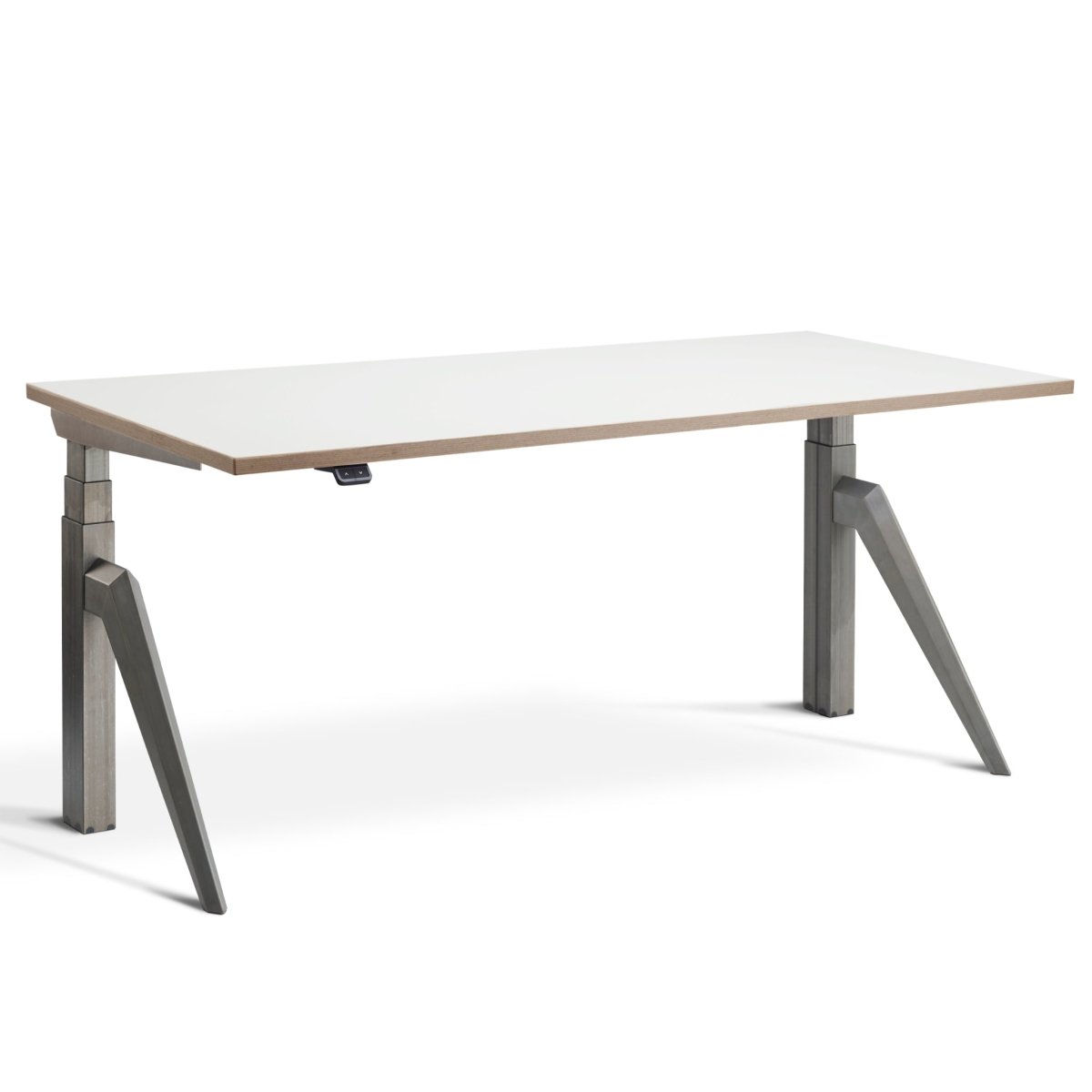 Designer sit stand desk with Raw Steel  Frame and White Ply Edge Desk Top, front view