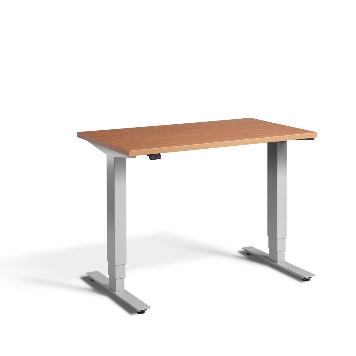 Pacto small height adjustable desk front view with Beech Top and Silver Frame